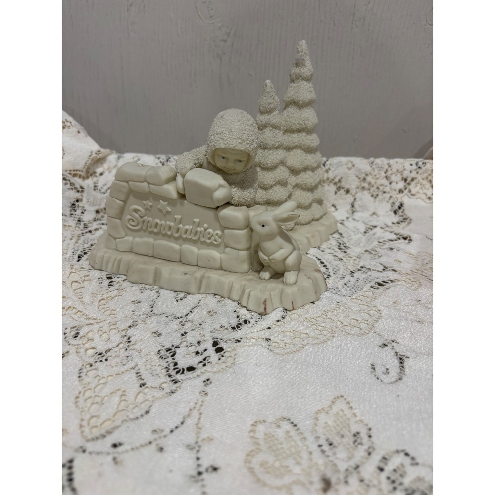 Department 56 Snowbabies Figurine Snowbaby with Bunny and Trees Bisque Porcelain